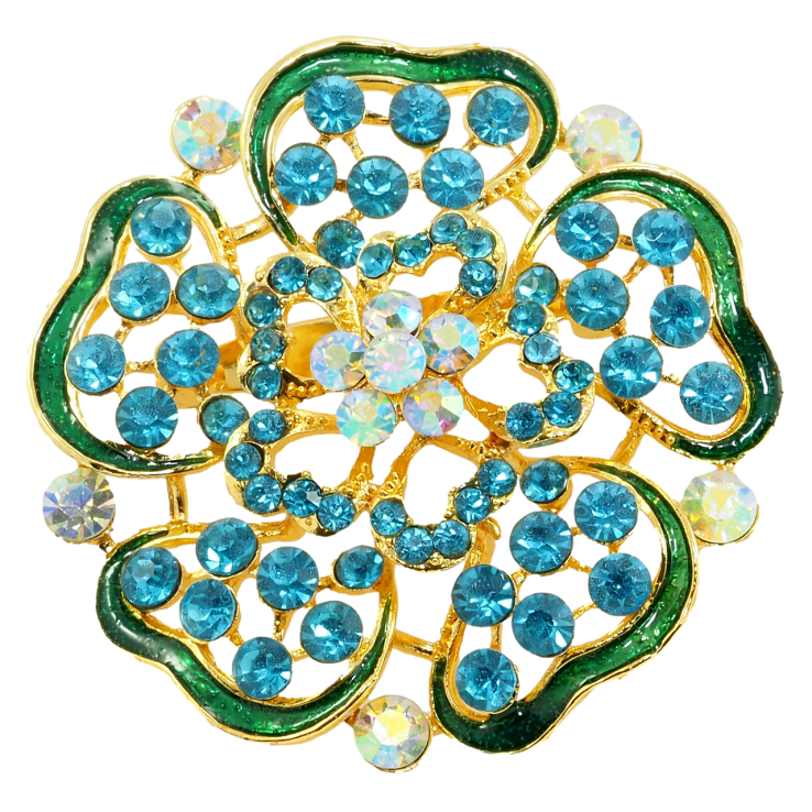 Брошка Квітка з бірюзовими стразами та зеленою емаллю фото №17