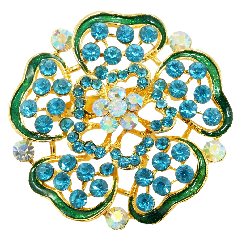 Брошь Цветок с бирюзовыми стразами и зеленой эмалью фото №16