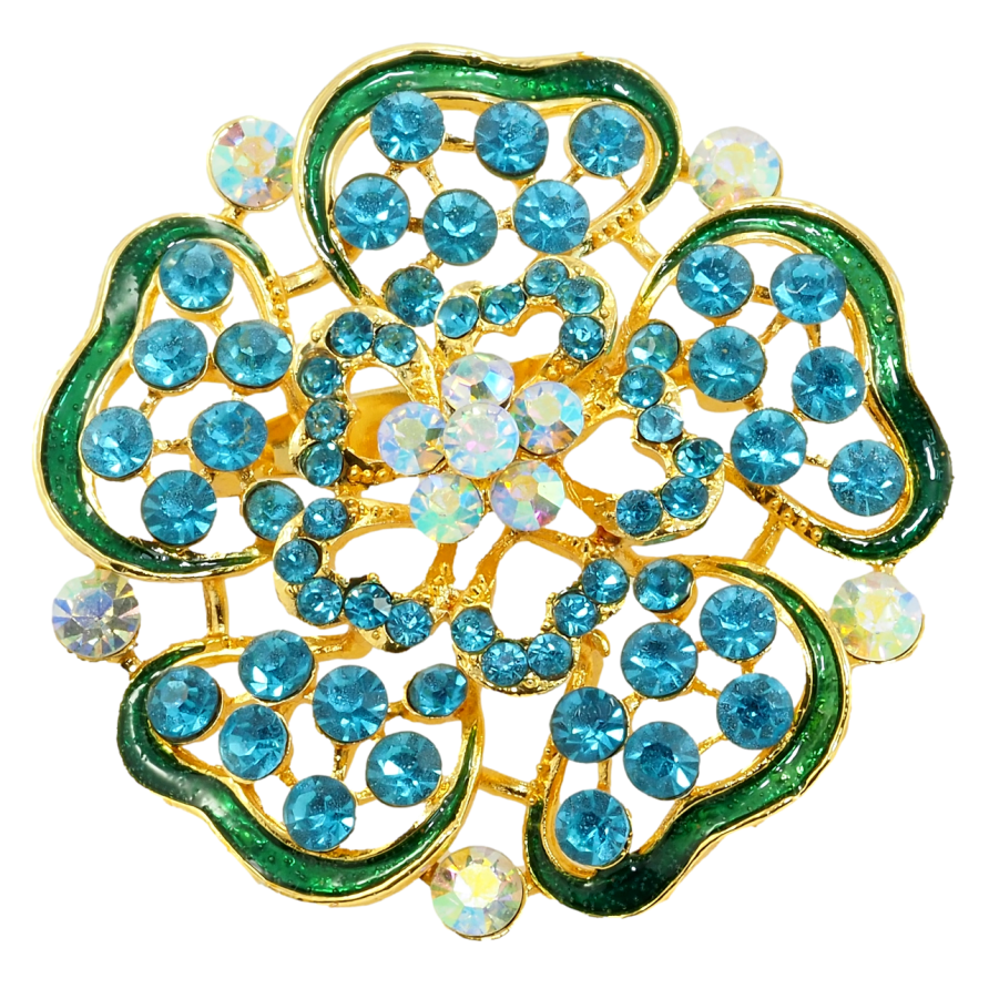 Брошка Квітка з бірюзовими стразами та зеленою емаллю фото №1