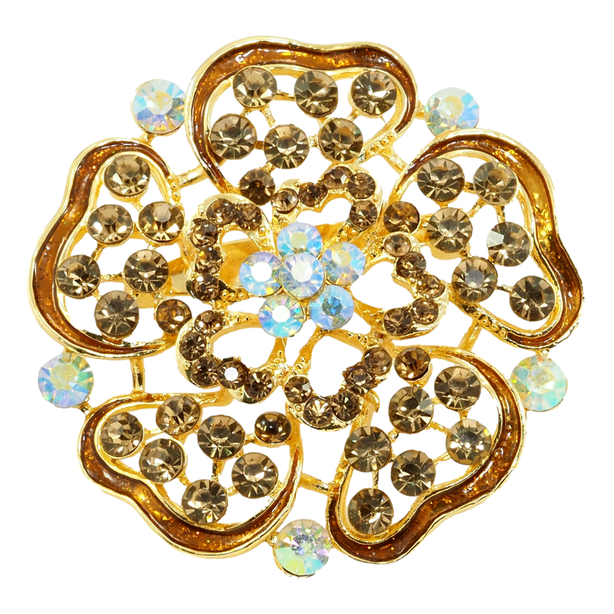 Брошка Квітка з коричневими стразами та емаллю фото №1