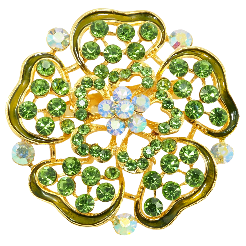 Брошка Квітка із зеленими стразами та емаллю фото №1