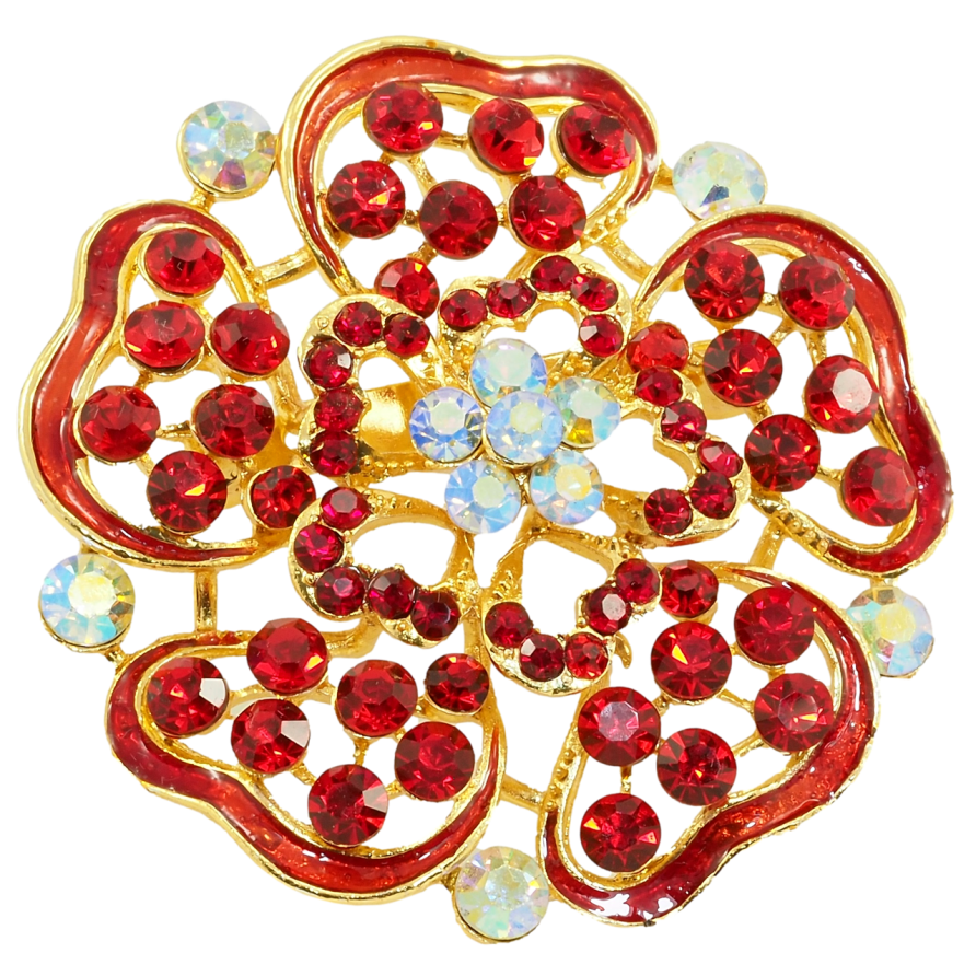 Брошка Квітка з червоними стразами та емаллю фото №1