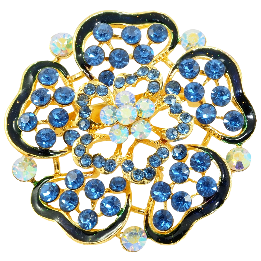 Брошка Квітка з синіми стразами та емаллю фото №1
