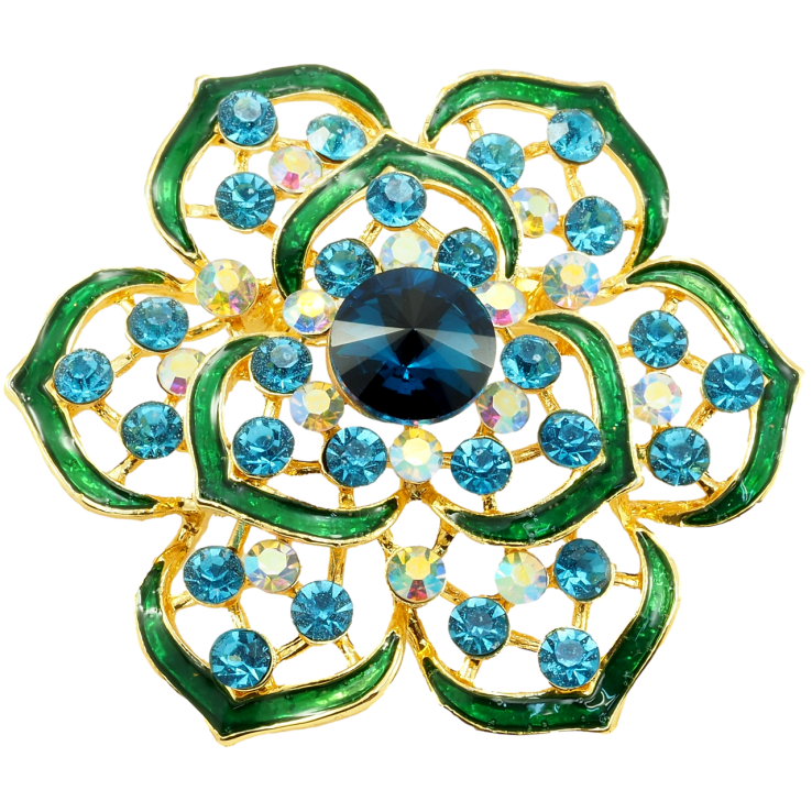 Брошка Квітка з бірюзовими стразами та зеленою емаллю фото №16