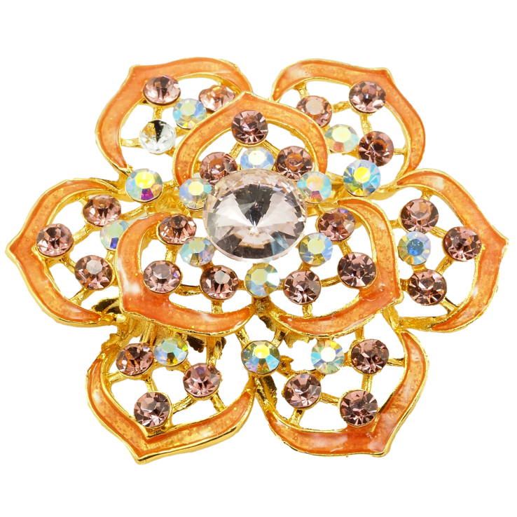 Брошка Квітка з рожевими стразами та помаранчевою емаллю фото №23