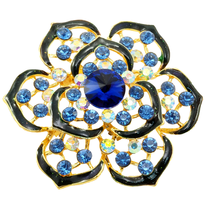 Брошка Квітка з синіми стразами та емаллю фото №1
