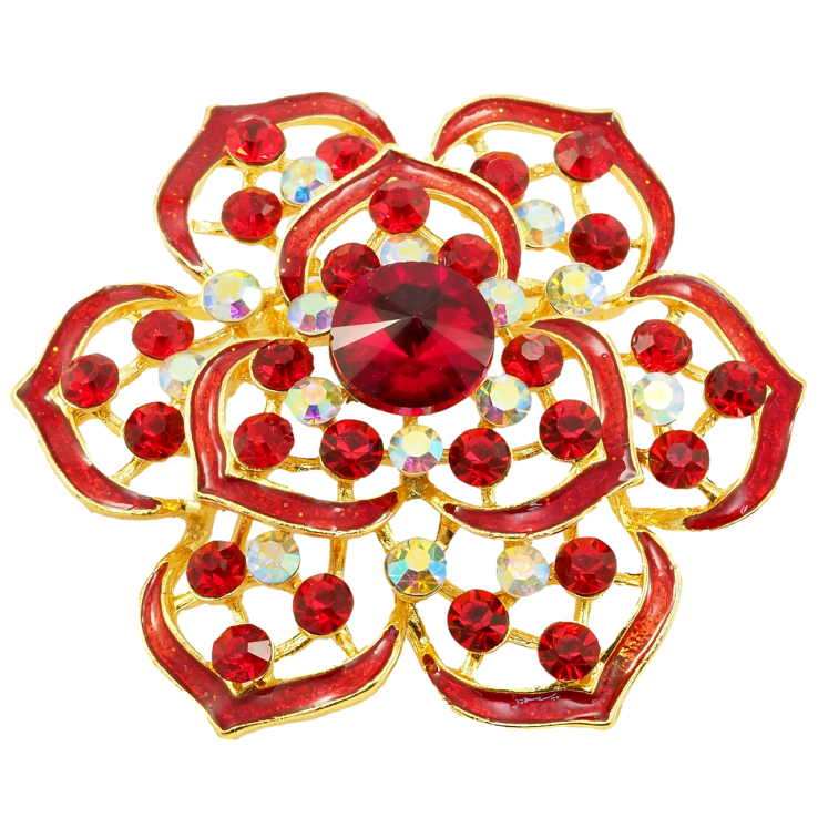 Брошка Квітка з червоними стразами та емаллю фото №2