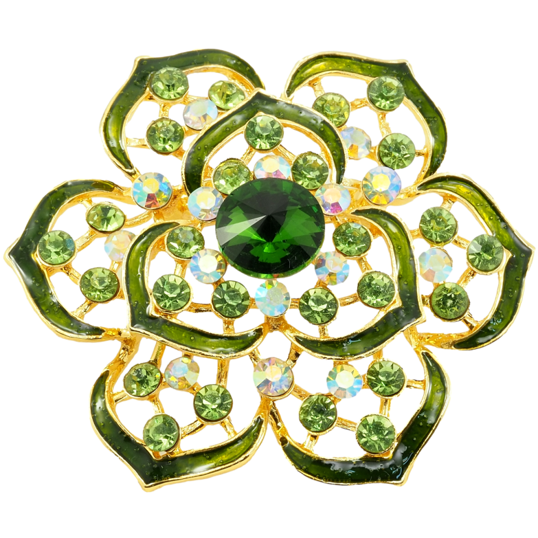 Брошка Квітка із зеленими стразами та емаллю фото №1