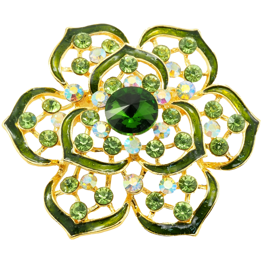 Брошка Квітка із зеленими стразами та емаллю фото №1