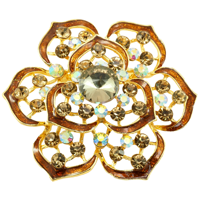 Брошка Квітка з коричневими стразами та емаллю фото №1