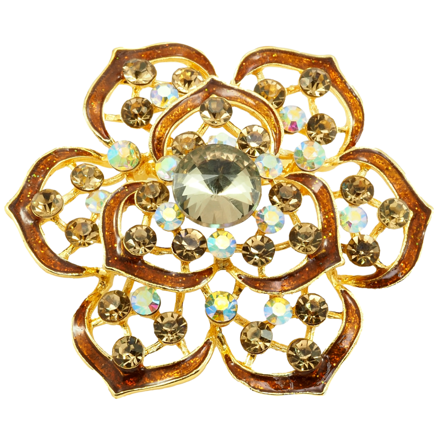 Брошка Квітка з коричневими стразами та емаллю фото №1