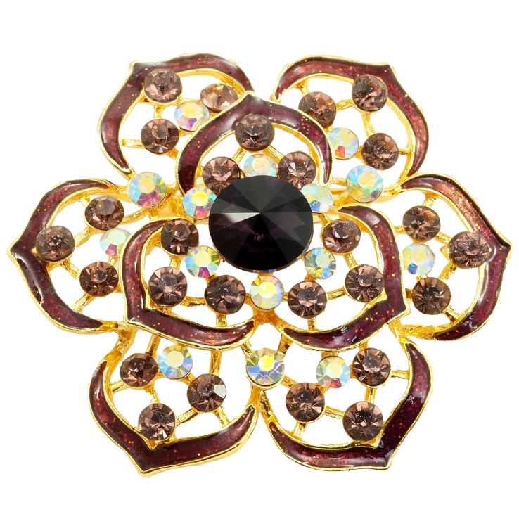 Брошка Квітка з бордовими стразами та емаллю фото №2