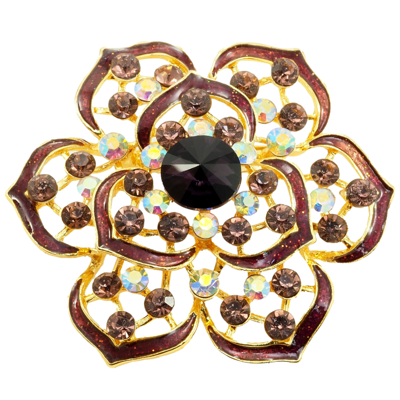 Брошка Квітка з бордовими стразами та емаллю фото №2