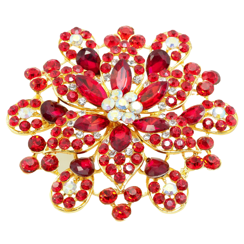 Брошка Велика квітка з червоними стразами фото №1