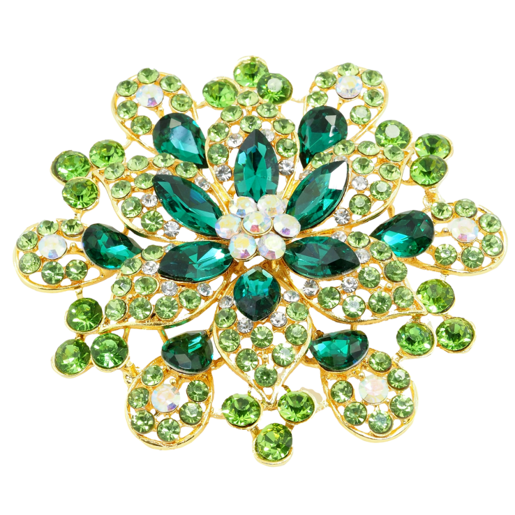 Брошь Большой цветок с зелеными стразами фото №3