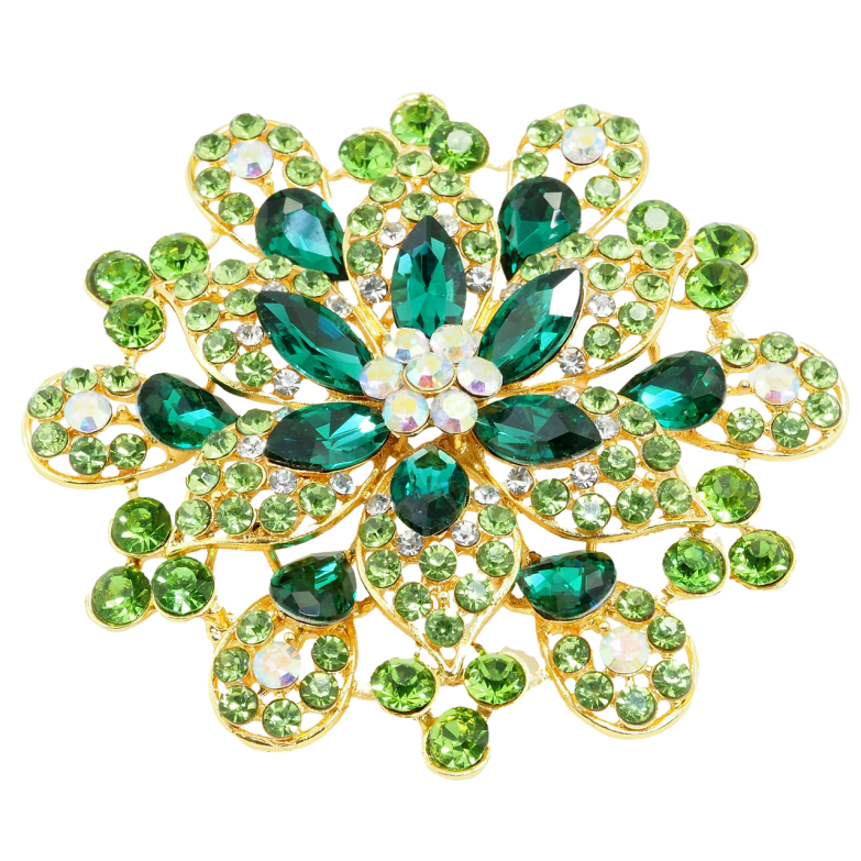 Брошь Большой цветок с зелеными стразами фото №1