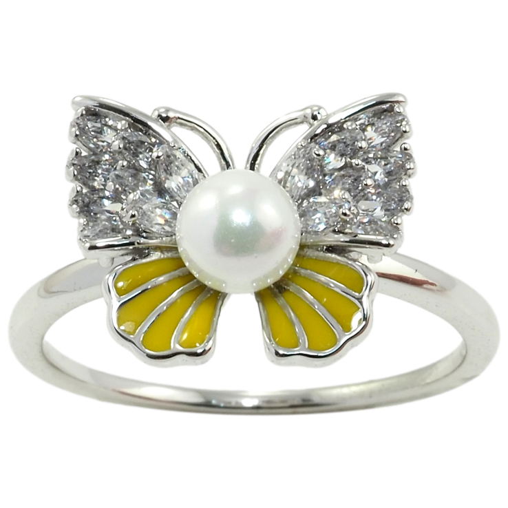 Каблучка Xuping Родій Метелик з перлиною, цирконієм та жовтою емаллю фото №17