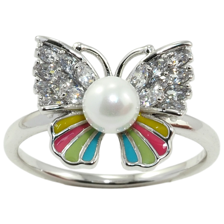 Каблучка Xuping Родій Метелик з перлиною, цирконієм та кольоровою емаллю фото №1 Каблучка Xuping Родій Метелик з перлиною, цирконієм та кольоровою емаллю фото №1