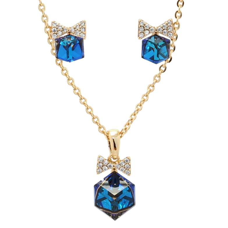 Набір Xuping колір 18K з кр-ми Swarovski Сережки Кулон на ланцюжку Кубики Capri Blue довжина 40-45см х 1мм фото №1