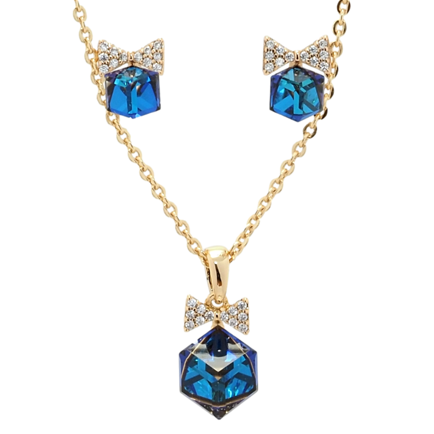 Набір Xuping колір 18K з кр-ми Swarovski Сережки Кулон на ланцюжку Кубики Capri Blue довжина 40-45см х 1мм фото №1