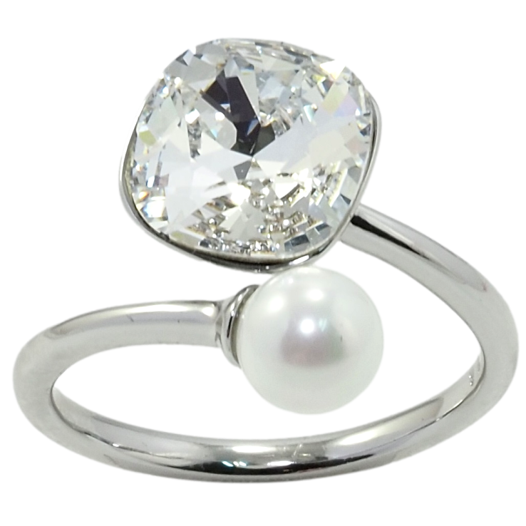 Каблучка Xuping колір Родій з кр-ми Swarovski Кристал Clear з перлиною, ø 10мм та 6мм фото №2 Каблучка Xuping колір Родій з кр-ми Swarovski Кристал Clear з перлиною, ø 10мм та 6мм фото №2