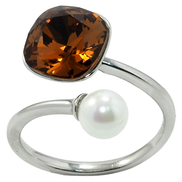 Каблучка Xuping колір Родій з кр-ми Swarovski Кристал Smoked Topaz з перлиною, ø 10мм та 6мм фото №2 Каблучка Xuping колір Родій з кр-ми Swarovski Кристал Smoked Topaz з перлиною, ø 10мм та 6мм фото №2