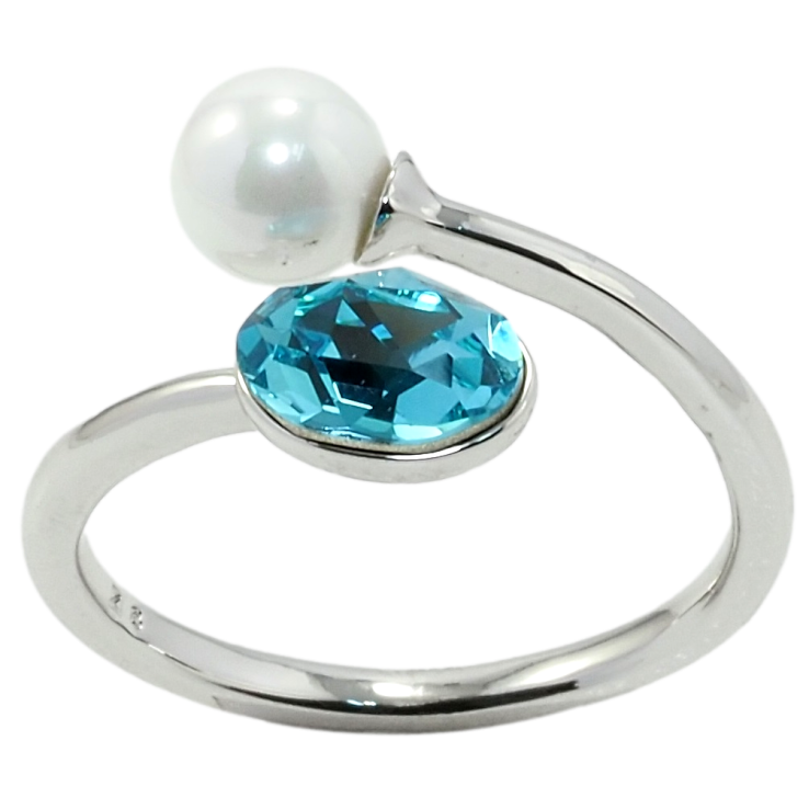 Каблучка Xuping колір Родій з кр-ми Swarovski Кристал Light Turquoisel з перлиною фото №15