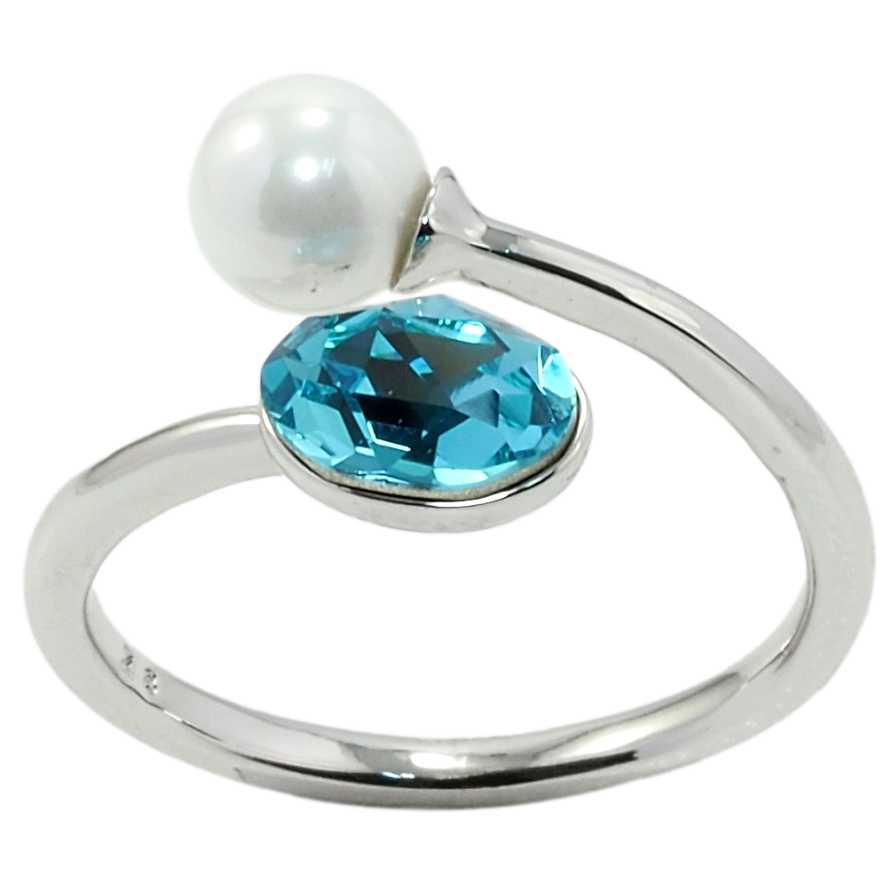Каблучка Xuping колір Родій з кр-ми Swarovski Кристал Light Turquoisel з перлиною фото №1