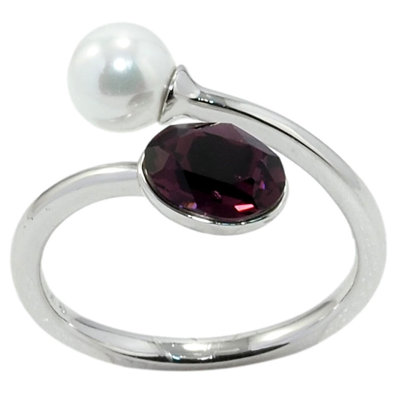 Каблучка Xuping колір Родій з кр-ми Swarovski Кристал Burgundy з перлиною фото №1