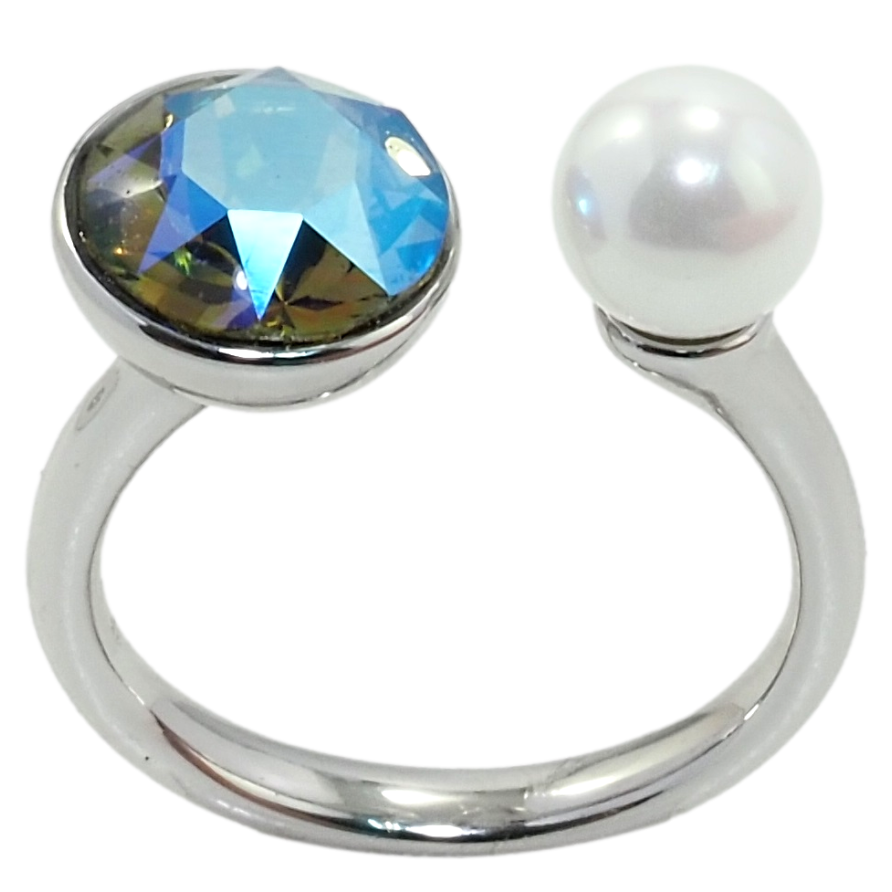 Кольцо Xuping цвет Родий с кр-ми Swarovski Кристалл Iridescent Green с жемчугом, ø 6мм и 9мм фото №1