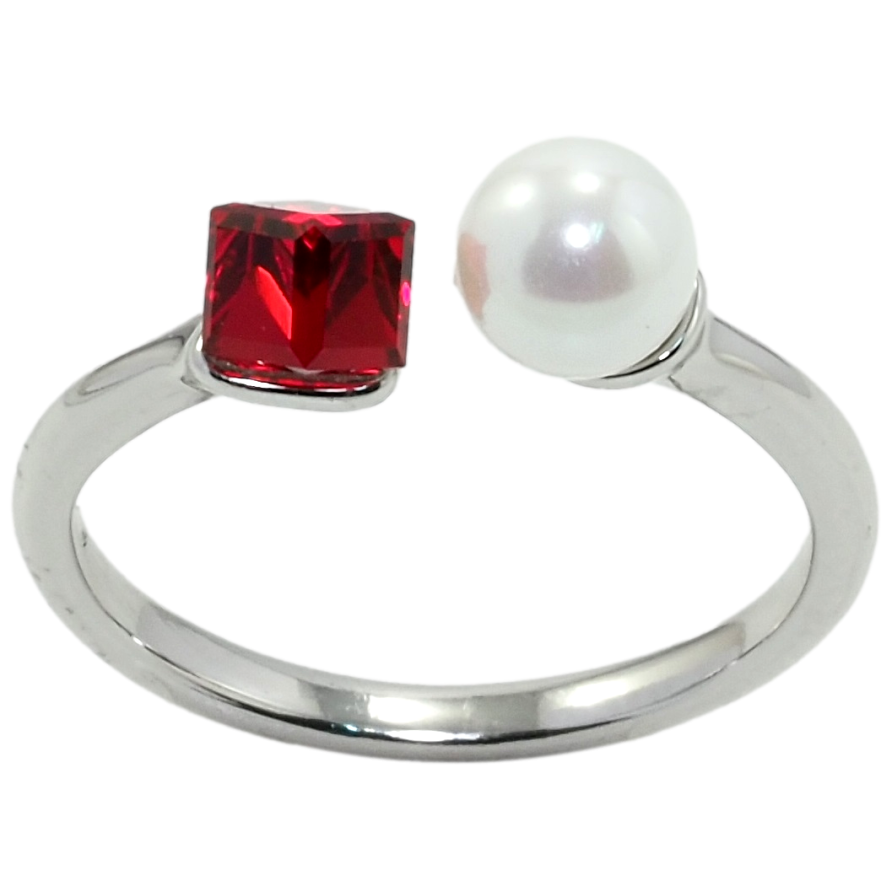 Каблучка Xuping колір Родій з кр-ми Swarovski Кристальний кубик Siam з перлами, ø 6мм, 4х4мм фото №1