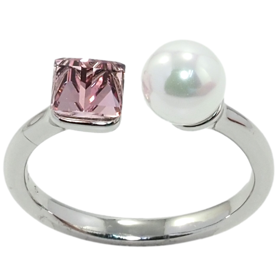 Каблучка Xuping колір Родій з кр-ми Swarovski Кристальний кубик Rose з перлами, ø 6мм, 4х4мм фото №1