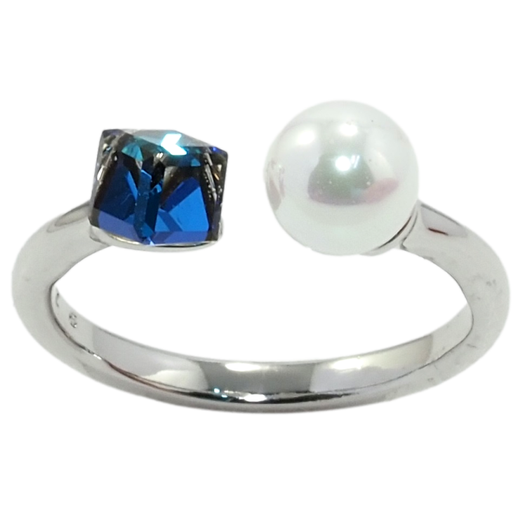 Каблучка Xuping колір Родій з кр-ми Swarovski Кристальний кубик Capri Blue з перлами, ø 6мм, 4х4мм фото №10