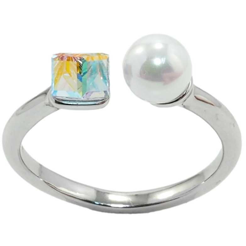 Кольцо Xuping цвет Родий с кр-ми Swarovski Кристальный кубик АВ с жемчугом, ø 6мм, 4х4мм фото №1