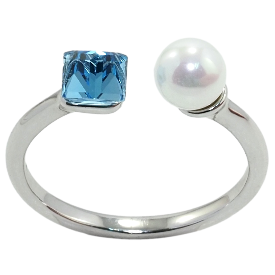 Каблучка Xuping колір Родій з кр-ми Swarovski Кристальний кубик Aquamarine з перлами, ø 6мм, 4х4мм фото №1