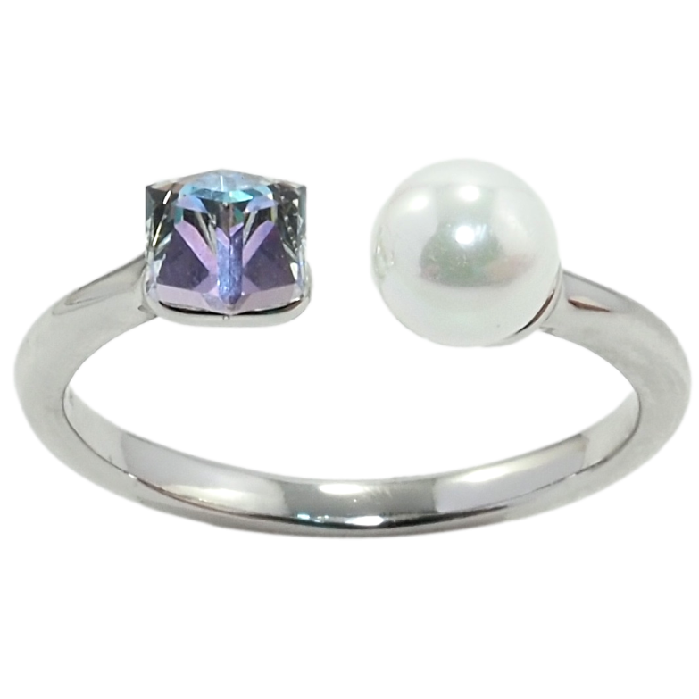 Каблучка Xuping колір Родій з кр-ми Swarovski Кристальний кубик Lavender з перлами, ø 6мм, 4х4мм фото №1