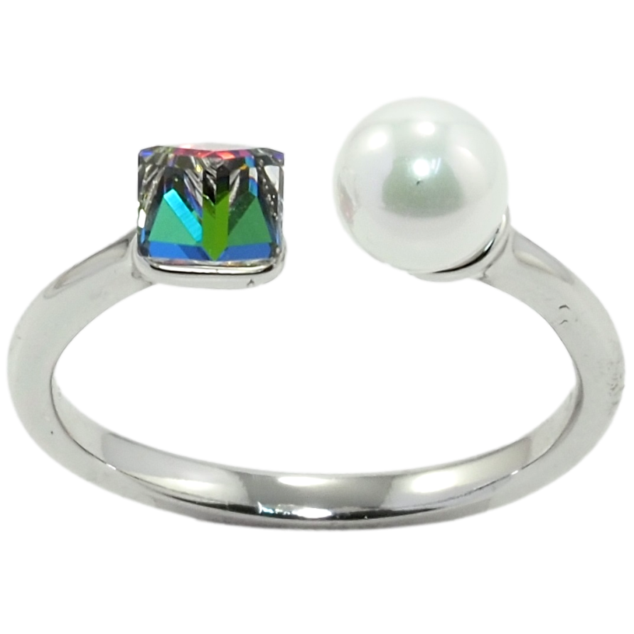 Каблучка Xuping колір Родій з кр-ми Swarovski Кристальний кубик Vitrail Medium з перлами, ø 6мм, 4х4мм фото №1