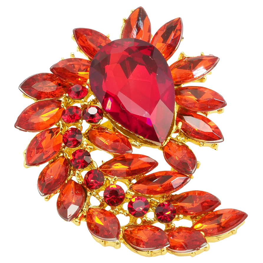 Брошь Веточка с красными стразами и кристаллом фото №1