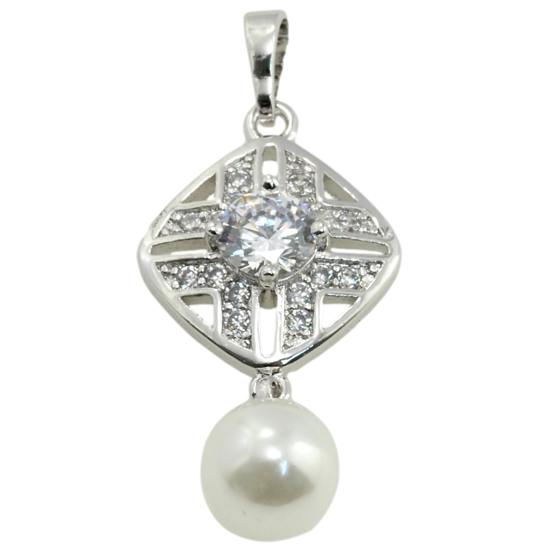 Кулон Xuping Родій Ромб з цирконієм та перловою підвіскою для ланцюжка до 4мм фото №1