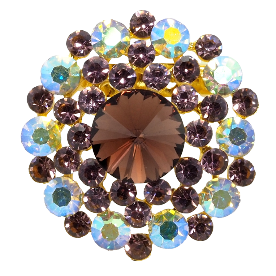 Брошь Цветок с бордовыми и радужными стразами фото №1