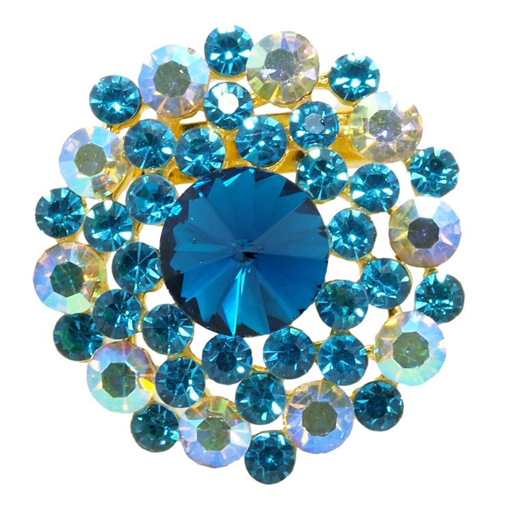 Брошь Цветок с бирюзовыми и радужными стразами фото №25