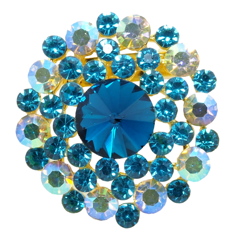 Брошь Цветок с бирюзовыми и радужными стразами фото №3