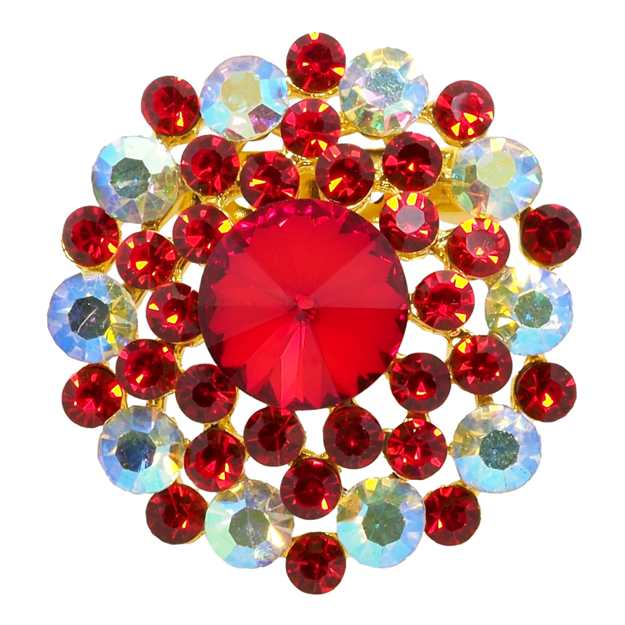 Брошка Квітка з червоними та райдужними стразами фото №1