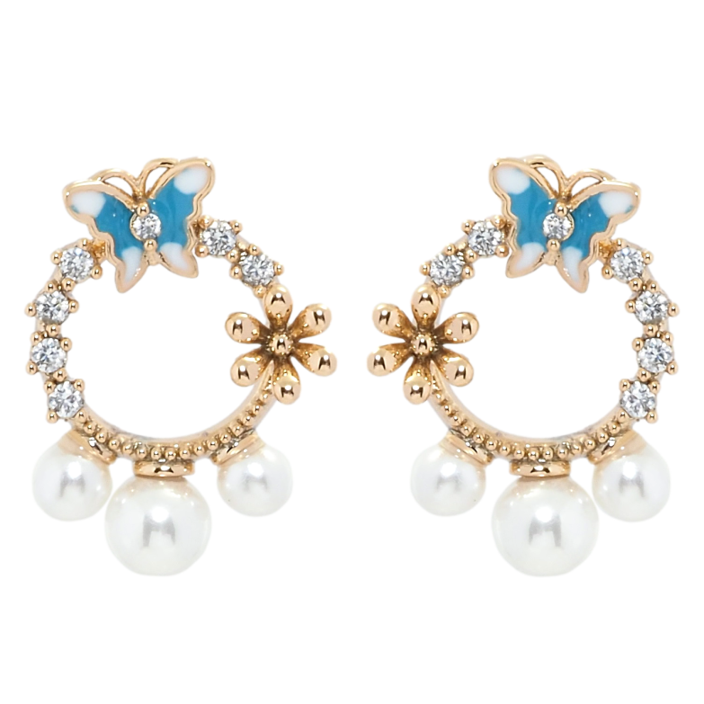 Серьги Xuping Позолота 18K пусеты Веночки с бабочками и жемчугом фото №1