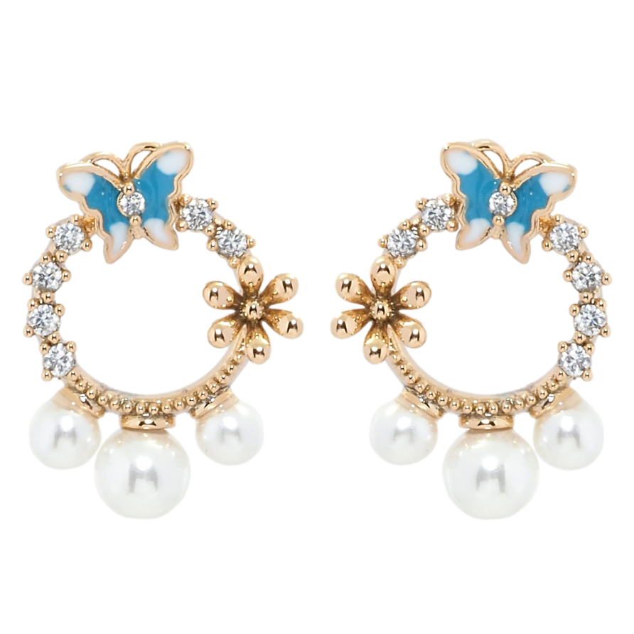 Серьги Xuping Позолота 18K пусеты Веночки с бабочками и жемчугом фото №1