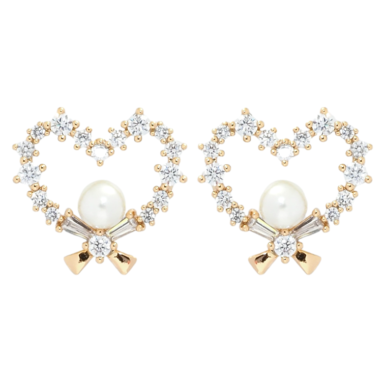 Серьги Xuping Позолота 18K пусеты Сердечки с цирконием и жемчугом фото №1