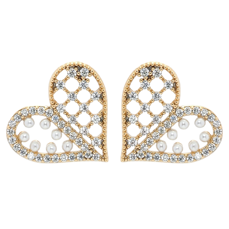 Серьги Xuping QQMM Позолота 18K пусеты Сердечки с цирконием и жемчужинками фото №1