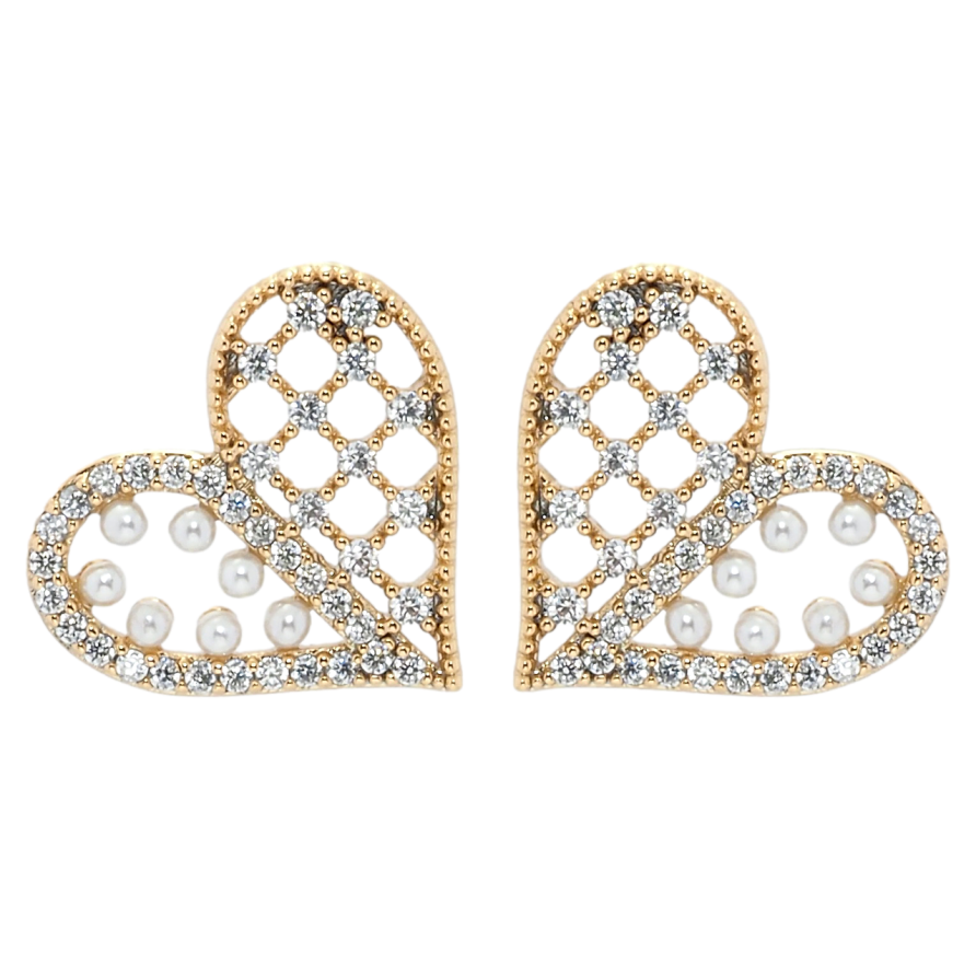 Серьги Xuping QQMM Позолота 18K пусеты Сердечки с цирконием и жемчужинками фото №1