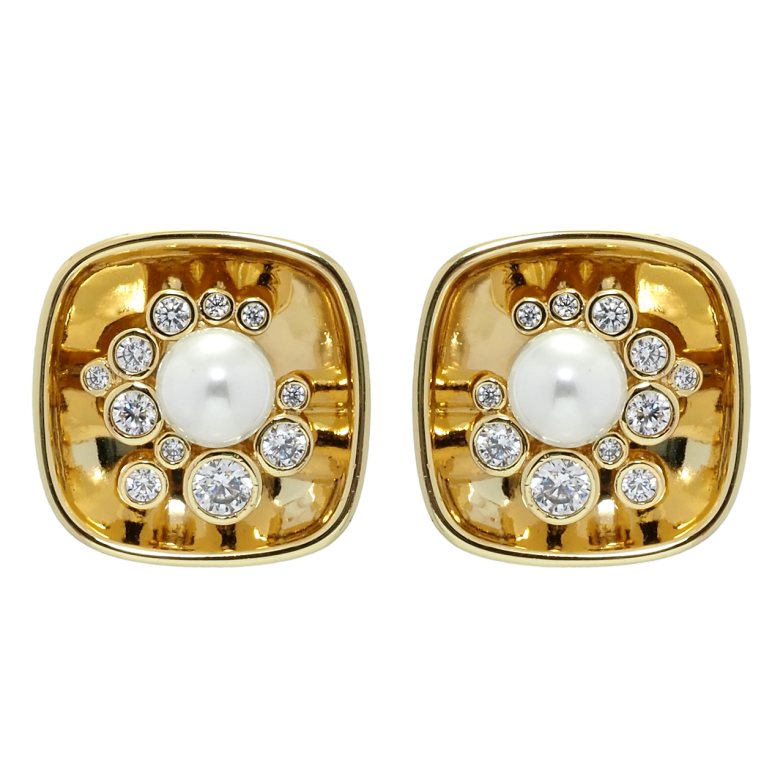 Сережки Xuping QQMM Позолота 14K пусети Квадратні з цирконієм та перлами 17х17мм фото №1