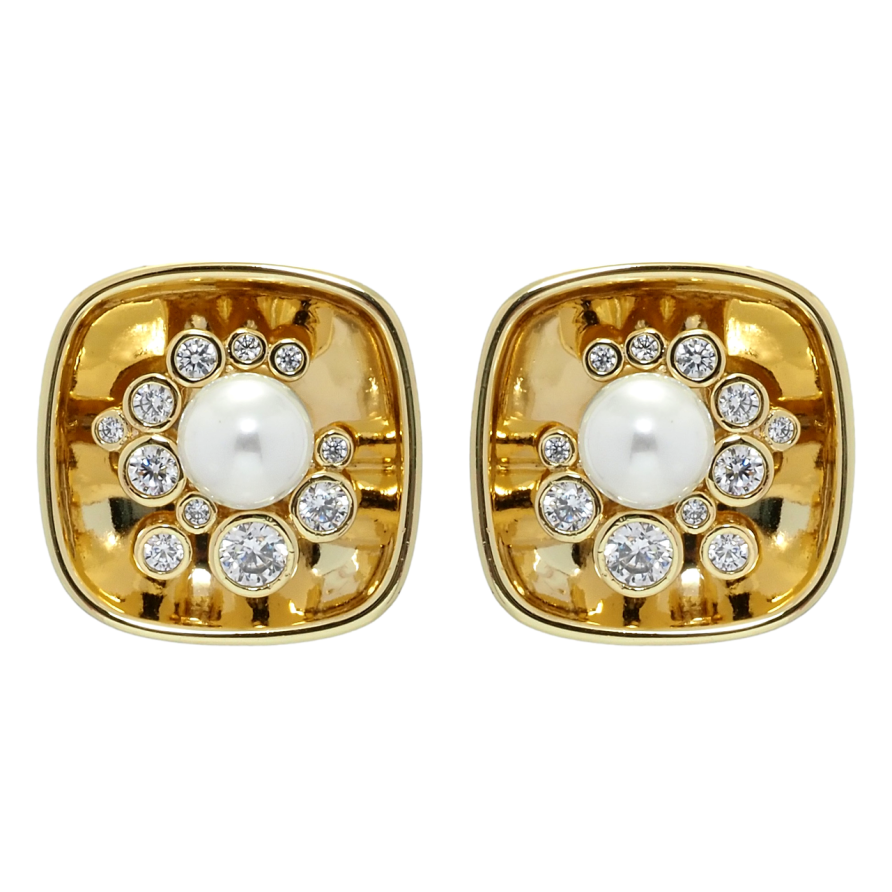 Серьги Xuping QQMM Позолота 14K пусеты Квадратные с цирконием и жемчугом 17х17мм фото №1